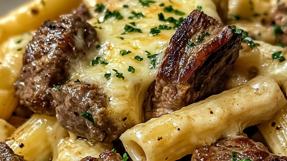 Garlic Butter Steak Tips with Cheesy Rigatoni